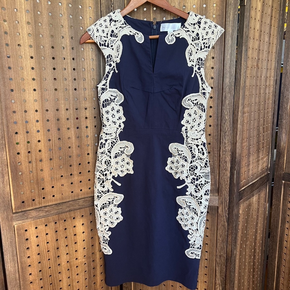 Paper Dolls Navy Blue with Cream Lace Detail Pin Up Dress Size 8 Medium coquette